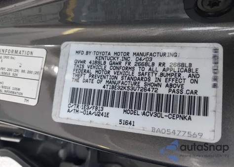 2003 Toyota Camry Le from USA, damaged, VIN 4T1BE32K53U726472